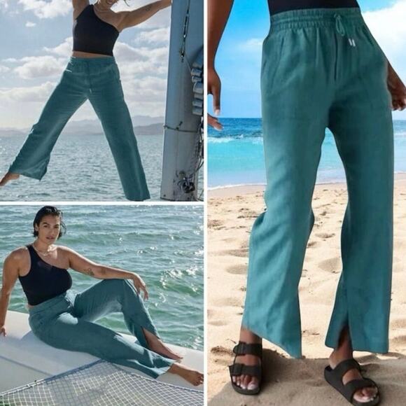 Athleta Teal 100% Linen Pants sz 6 Athleta Retreat Linen High Rise Wide Leg Pant - Picture 2 of 11